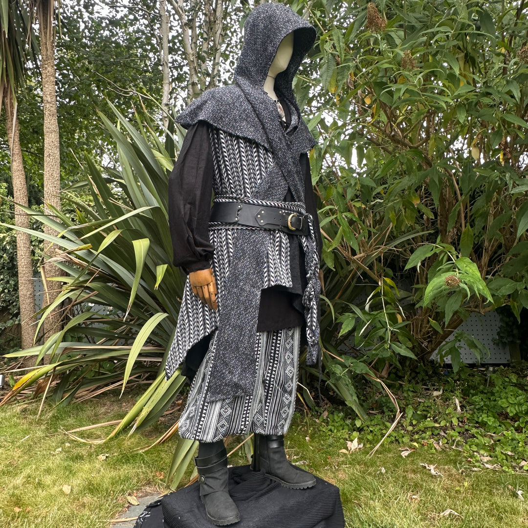 LARP ranger outfit side view, hood up, intricate black and grey patterns.