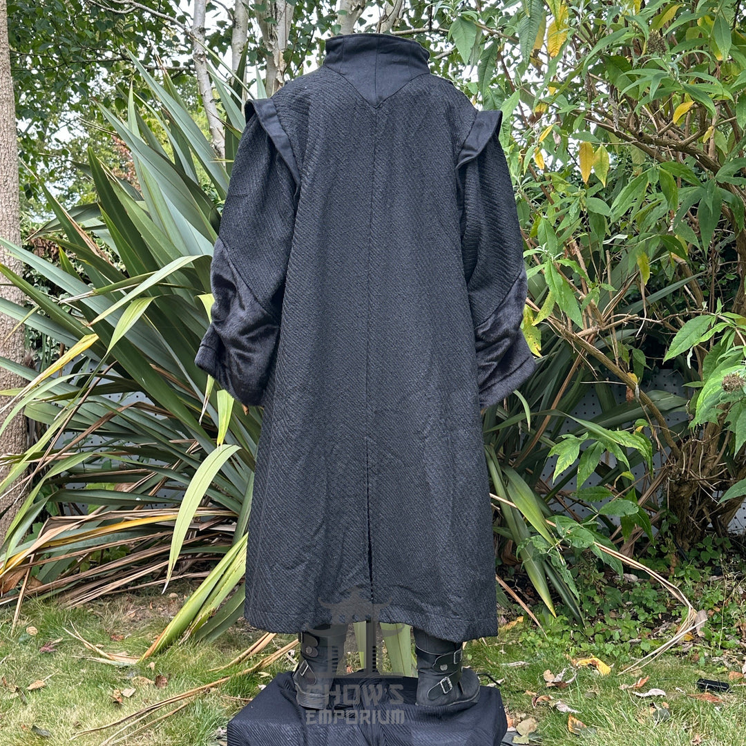 Medieval LARP outfit back view, featuring a black robe, waistcoat, shirt, trousers, sash and.
