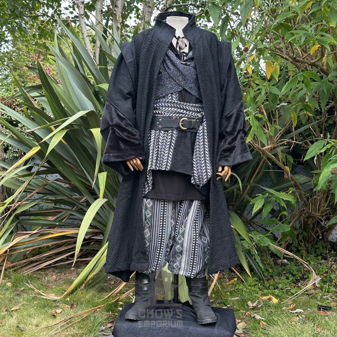 Medieval LARP outfit front view, featuring a black robe, waistcoat, shirt, trousers, sash and.