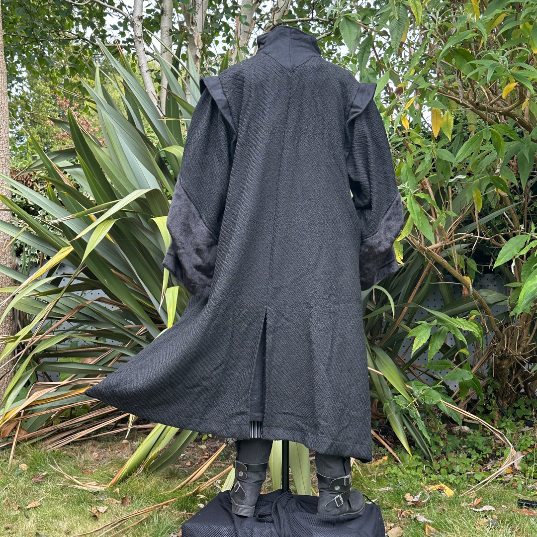 Back view of black medieval LARP robe with high collar.