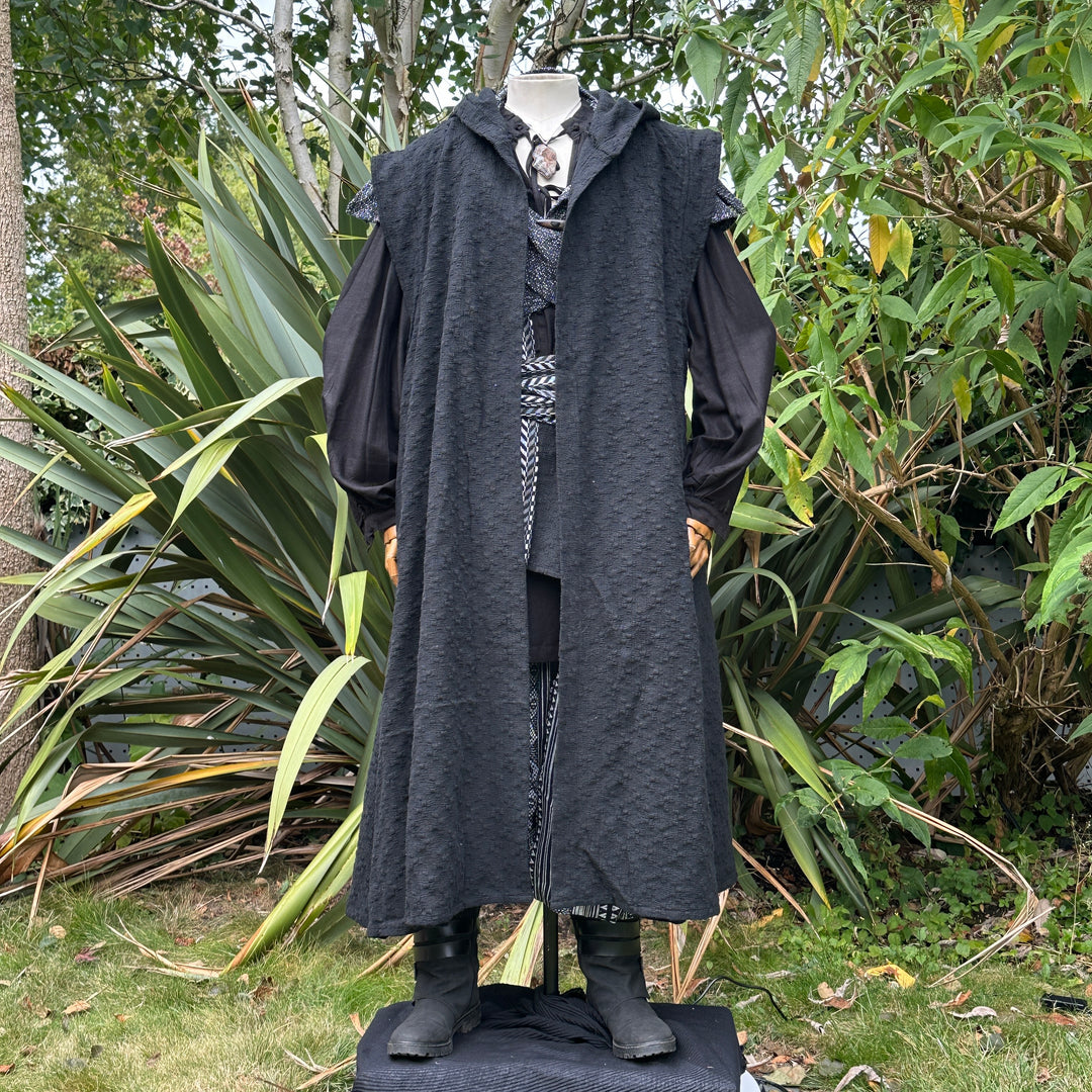 Black wool high-collar LARP robe styled over medieval outfit, fantasy cosplay costume for.