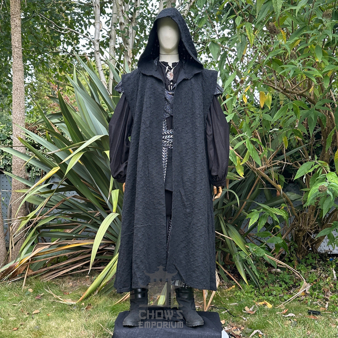 Medieval LARP costume front view featuring black sleeveless robe, hood, shirt, trousers, and sash.