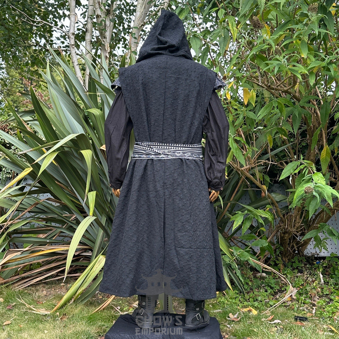 Back view of hooded medieval LARP tunic and sash.