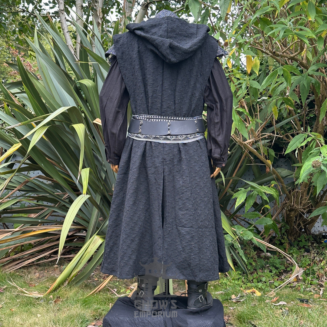Hooded sleeveless black robe with sash and belt, back view, medieval LARP style.