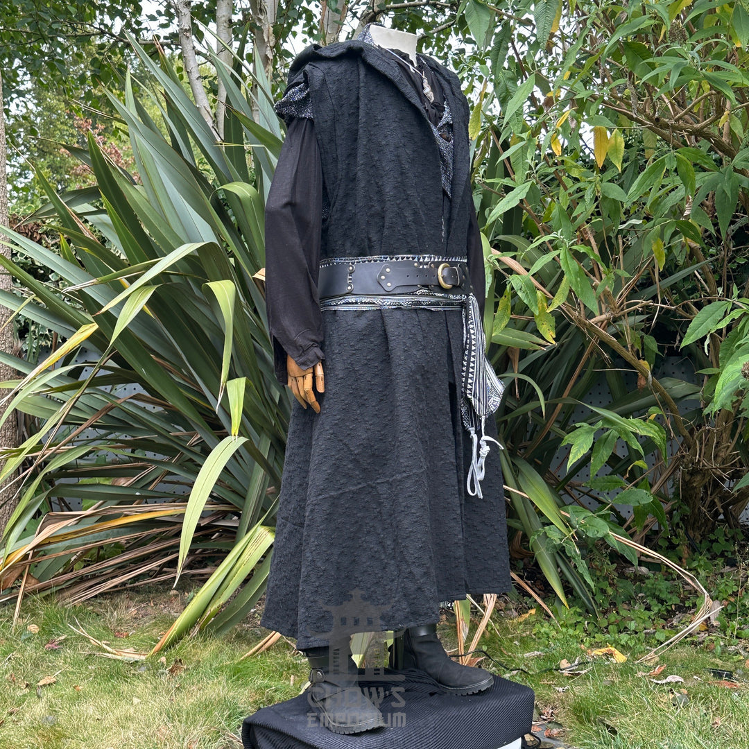 Black sleeveless LARP robe, textured fabric, side view, with belt and sash.