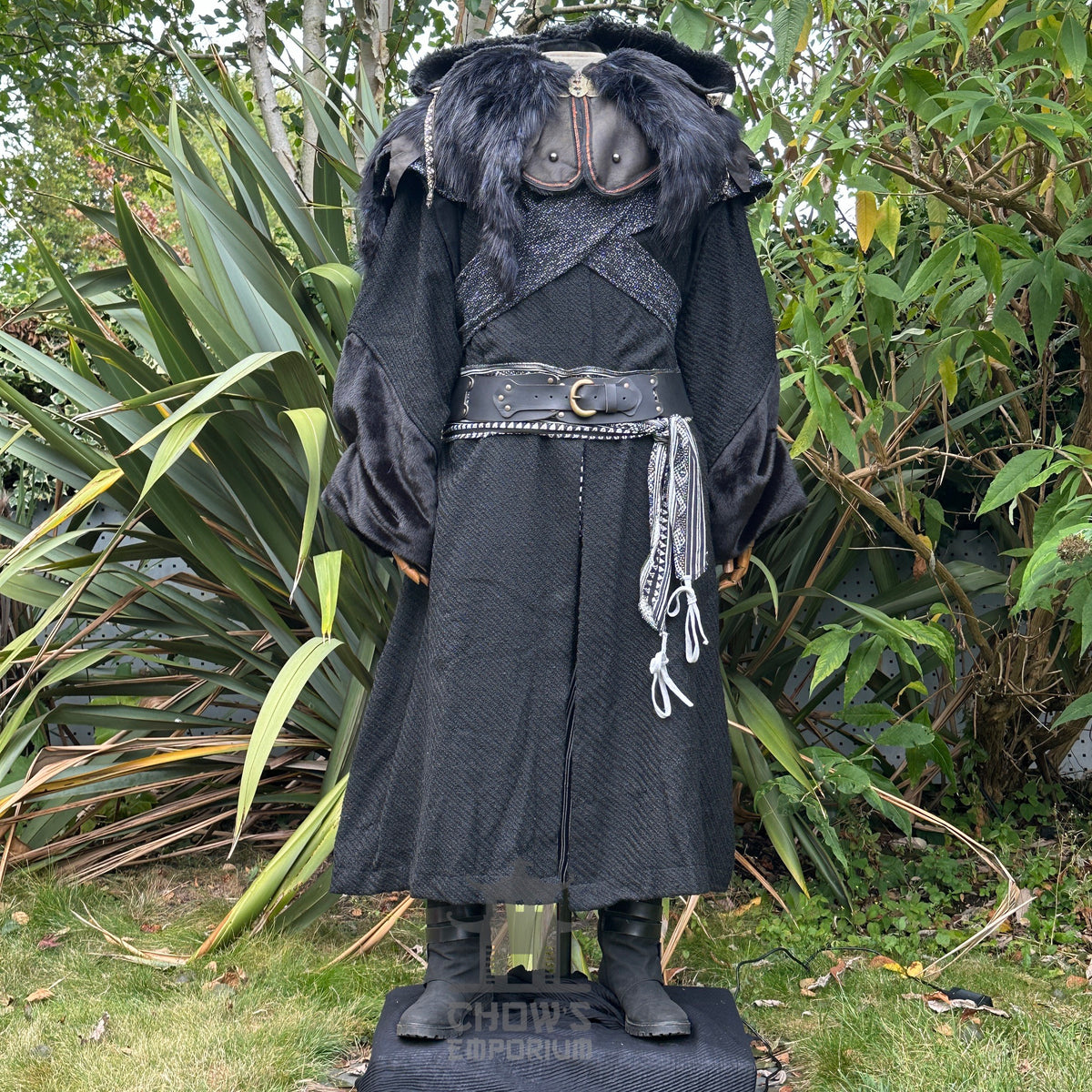 Medieval LARP costume front view featuring black robe, ornate hood, wool hood, belt and sash.