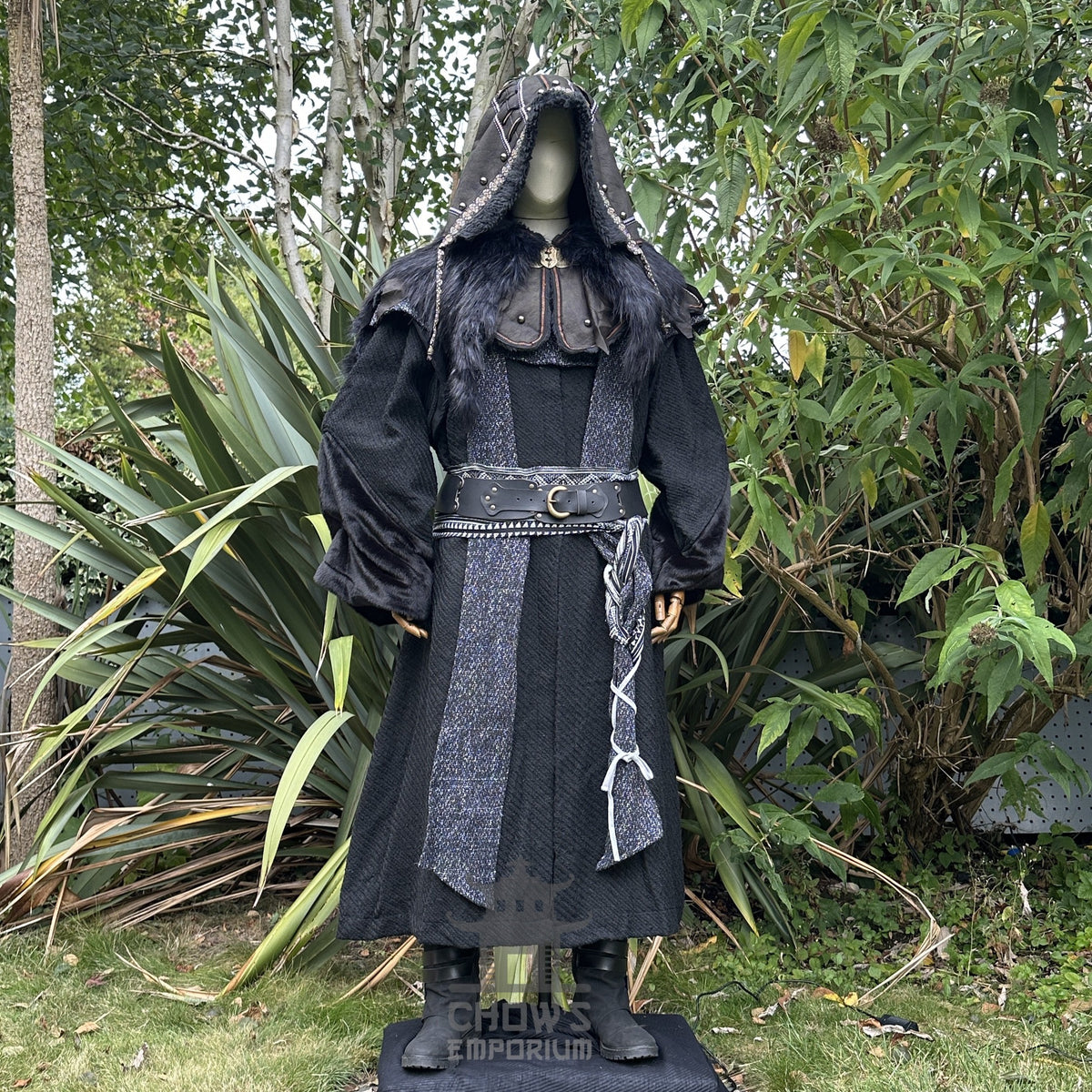 Dark LARP outfit with black robe, ornate hood, belt, and sash scene.
