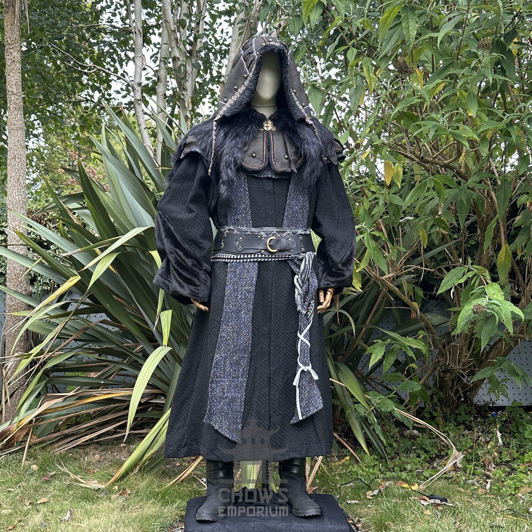 Dark LARP outfit with black robe, ornate hood, belt, and sash scene.