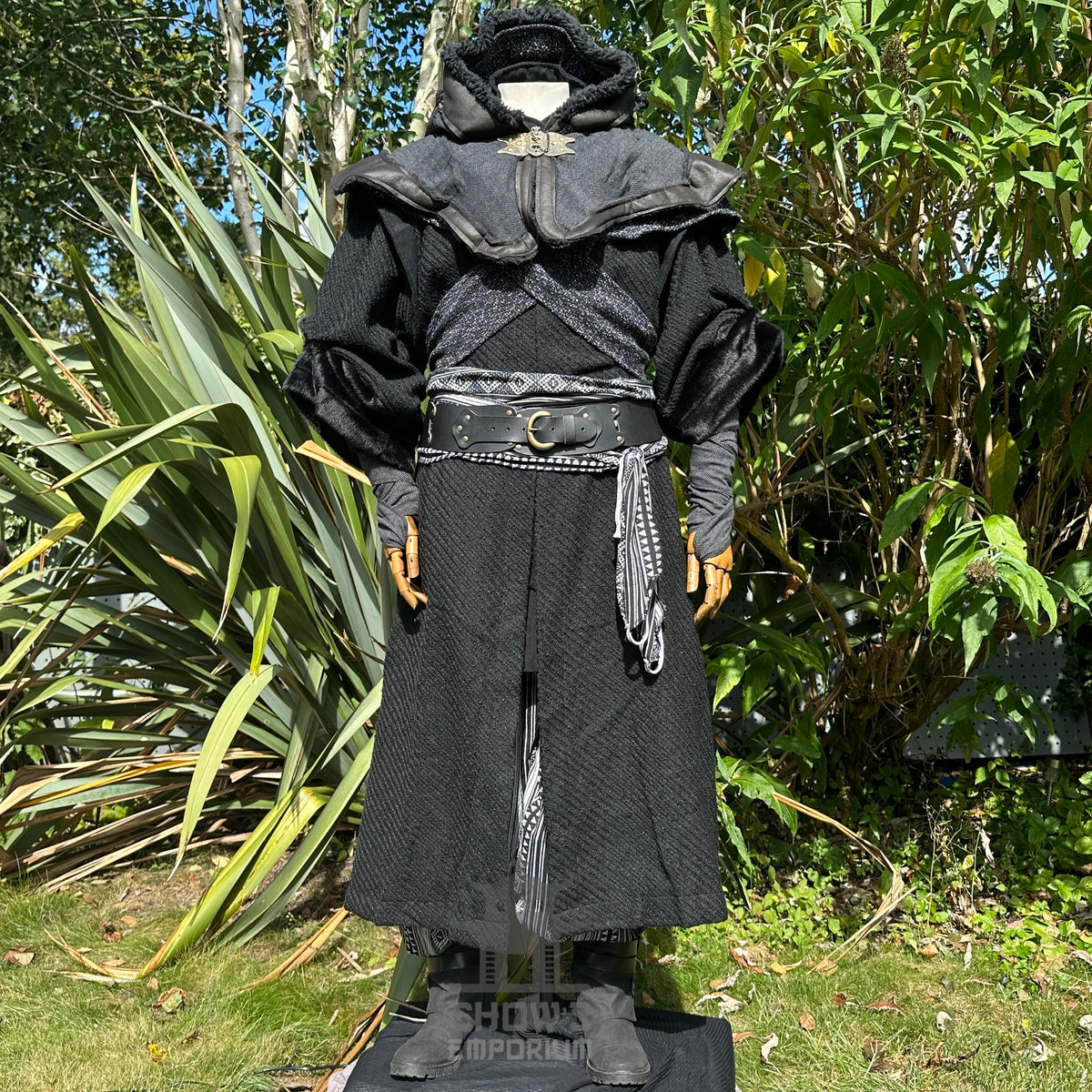 Dark Master LARP Set with black robe, hood, arm wraps, belt, sash.