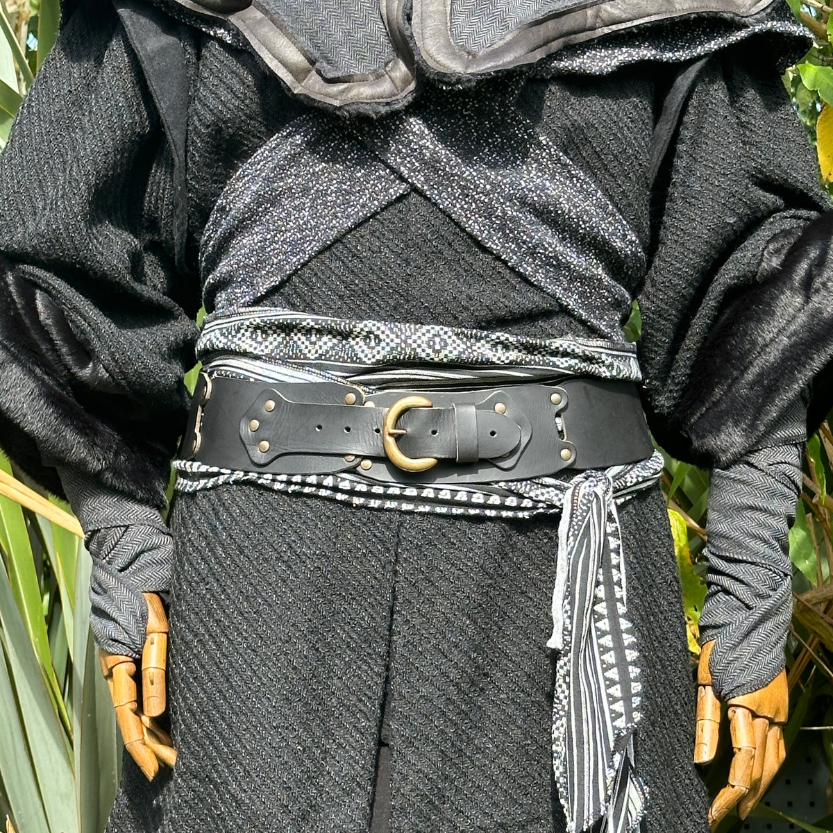 Black and white patterned LARP belt and sash in buffalo leather.