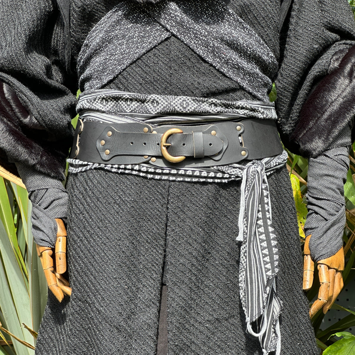 Black and white LARP belt and sash, buffalo leather, front view.
