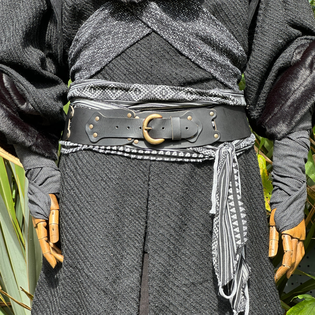 Black and white LARP belt and sash, buffalo leather, front view.