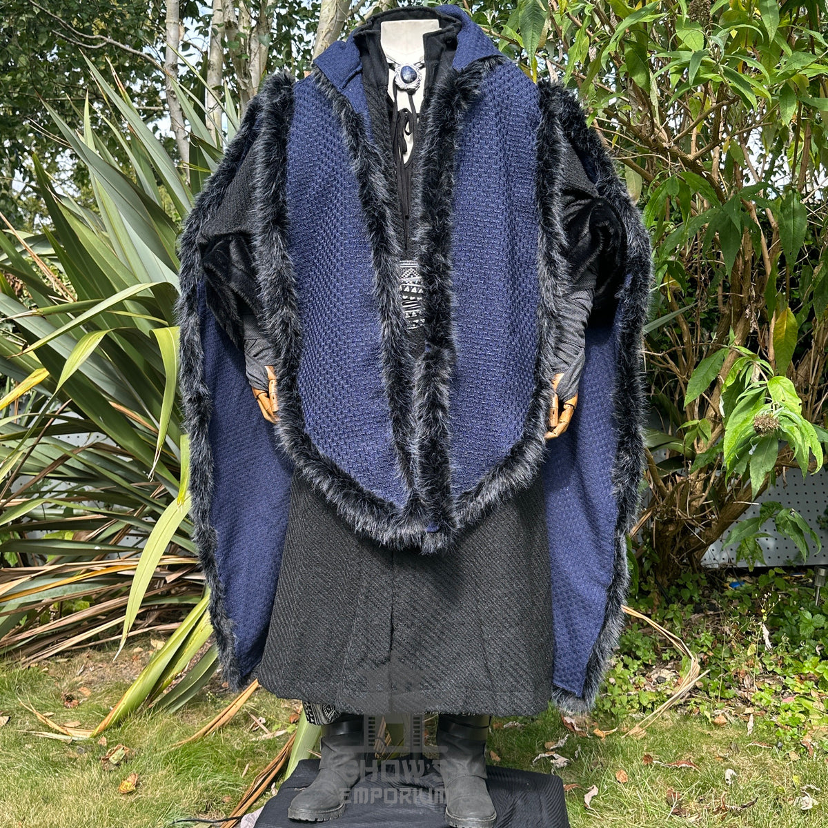 Medieval Night Warlock LARP set, blue fur-trimmed cape, robe, sash combo.