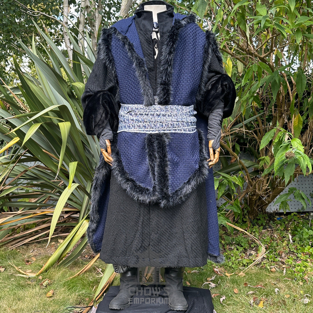 Medieval LARP warlock set with blue cape, black robe, and detailed sash.
