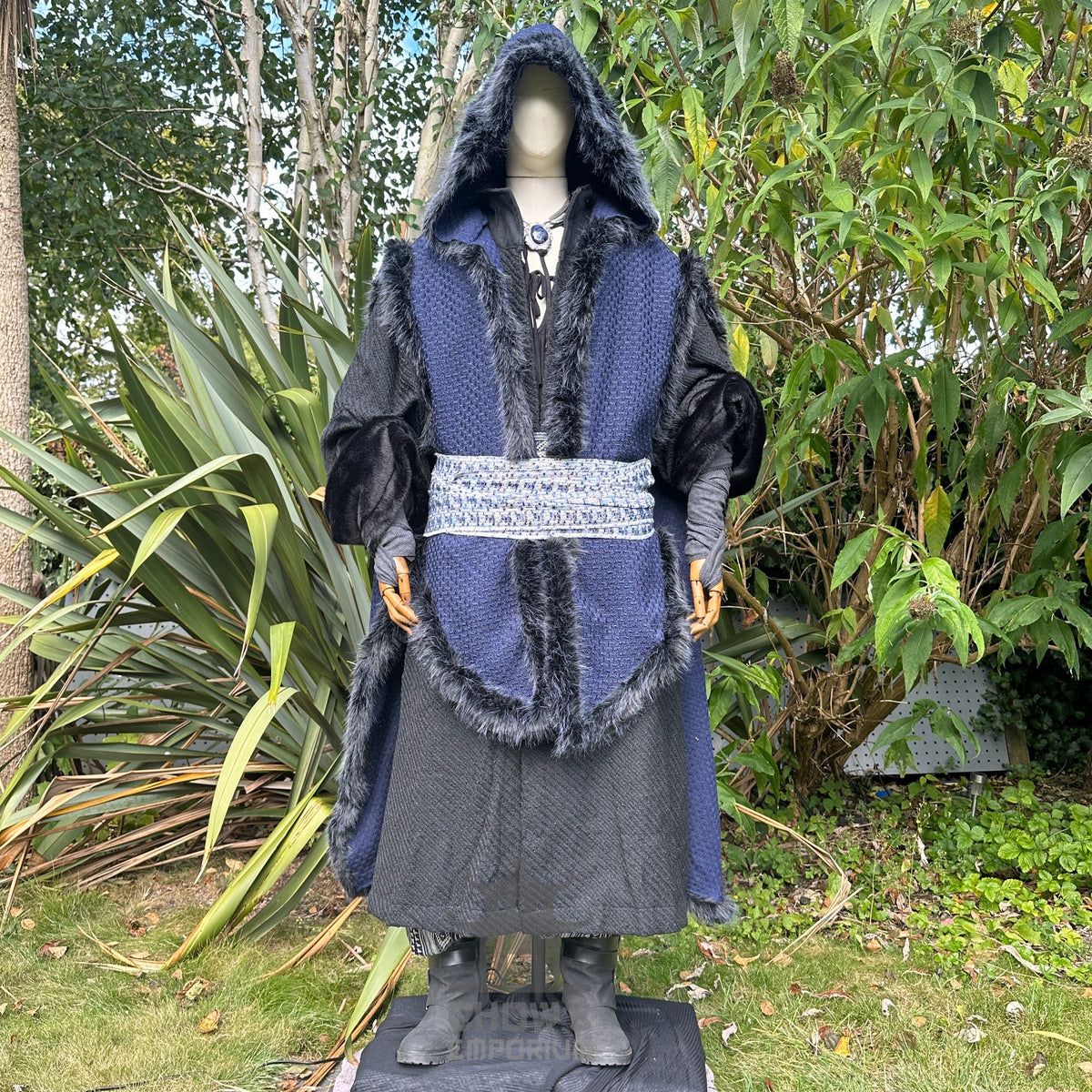 Medieval LARP costume front, blue faux fur trim.