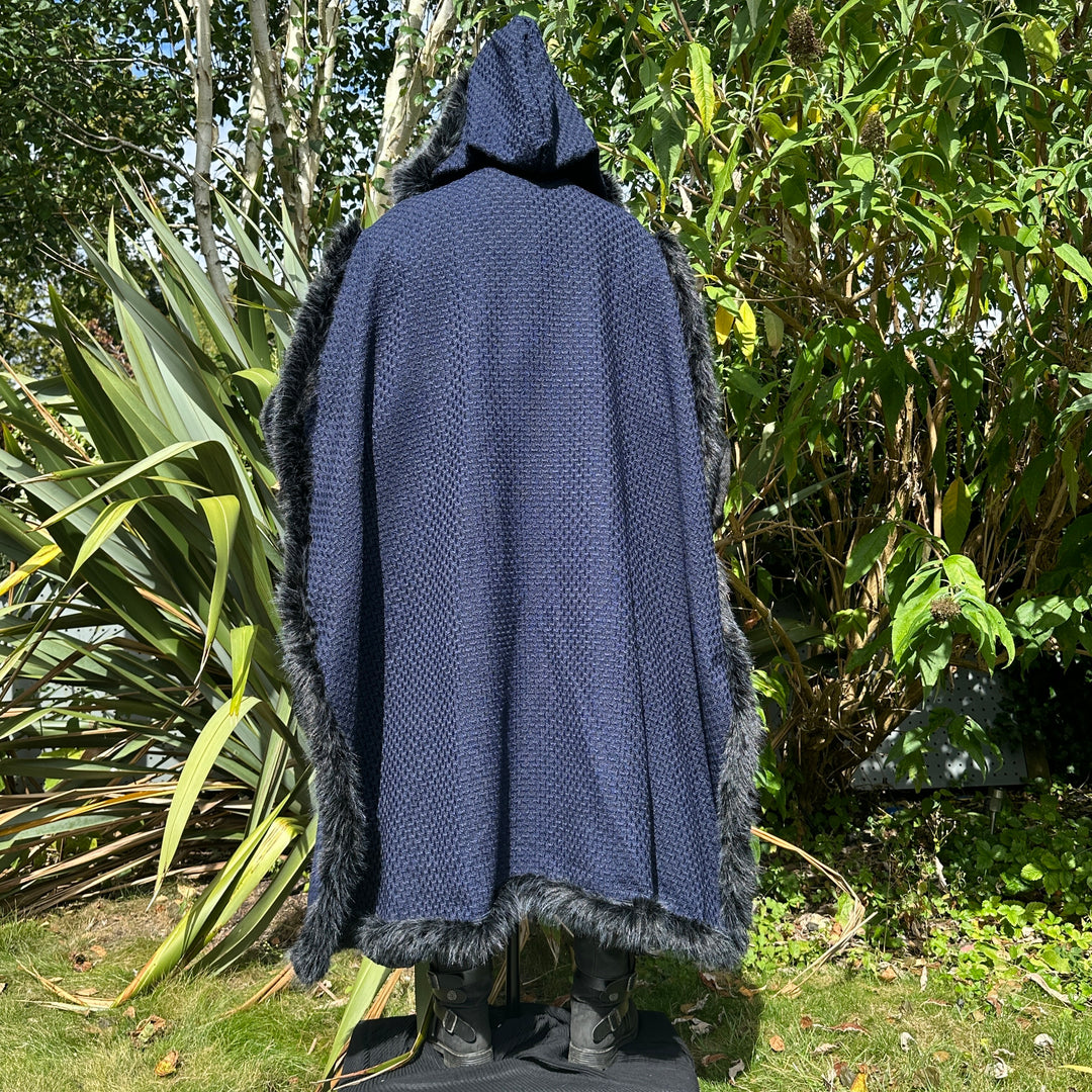 Angled hooded view of blue and black fur-trimmed Viking LARP cape, medieval fantasy cosplay.