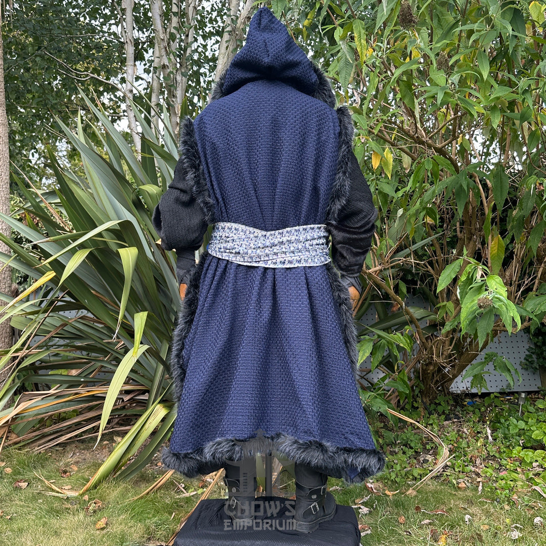 Back view of LARP medieval robe with textured hood and wide patterned sash.