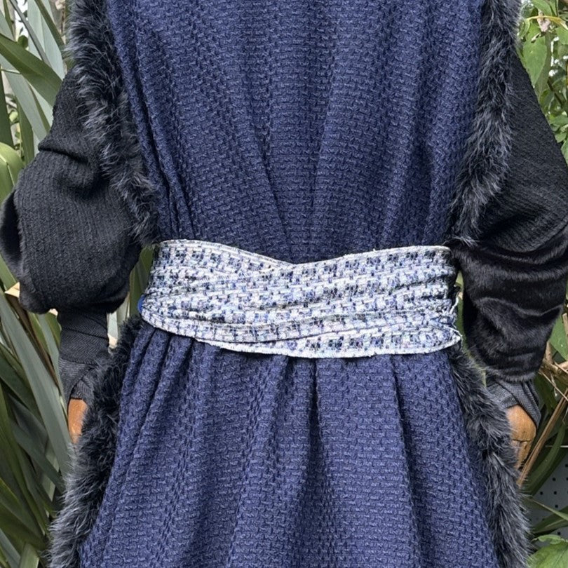 Blue medieval LARP belt and sash set, back view, knitted buffalo leather.