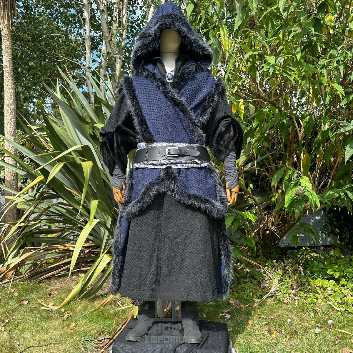 Medieval LARP warlock set with blue hooded cape, black robe, and belt sash.