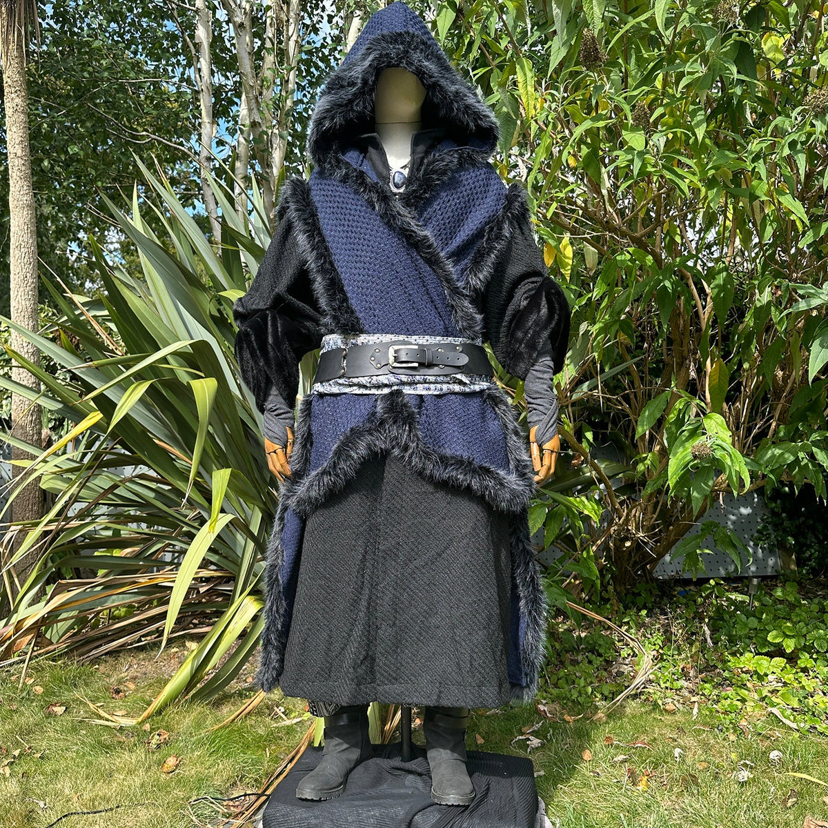 Medieval LARP outfit with blue hooded cape and belt, front.