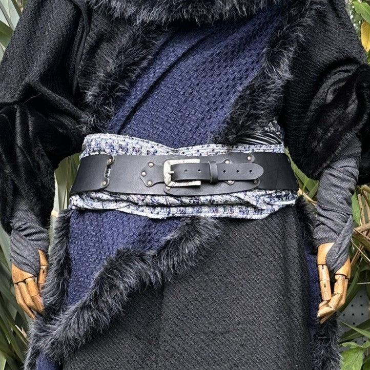 Buffalo leather LARP belt and blue, white knitted sash, front view.