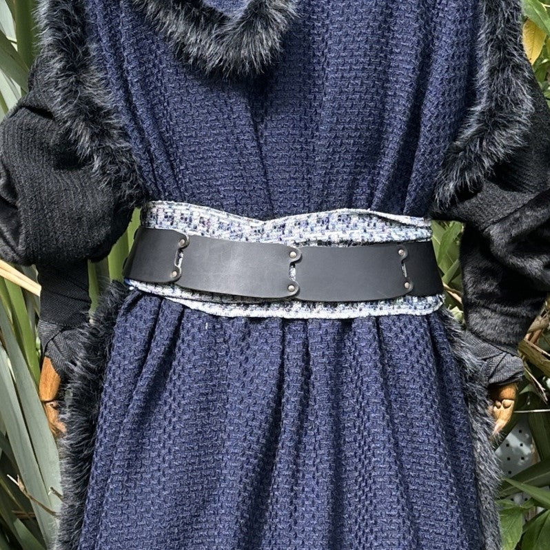 Blue and white knitted LARP belt and sash, buffalo leather, rear view.