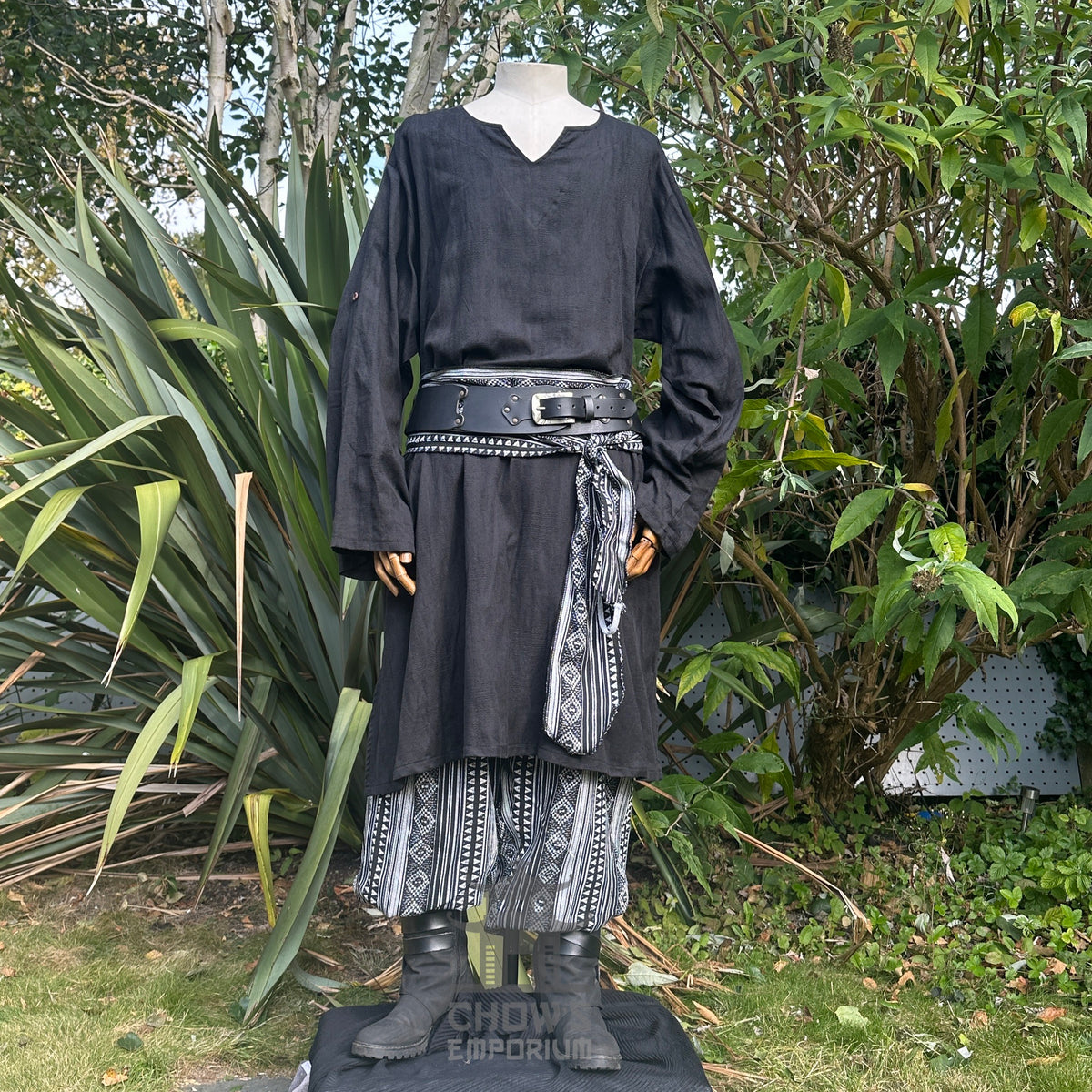 LARP medieval tunic in black cotton, front view with belt and patterned sash.