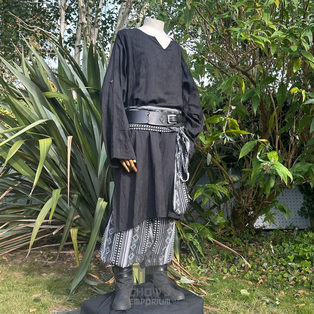 medieval tunic in black textured cotton for fantasy costume.