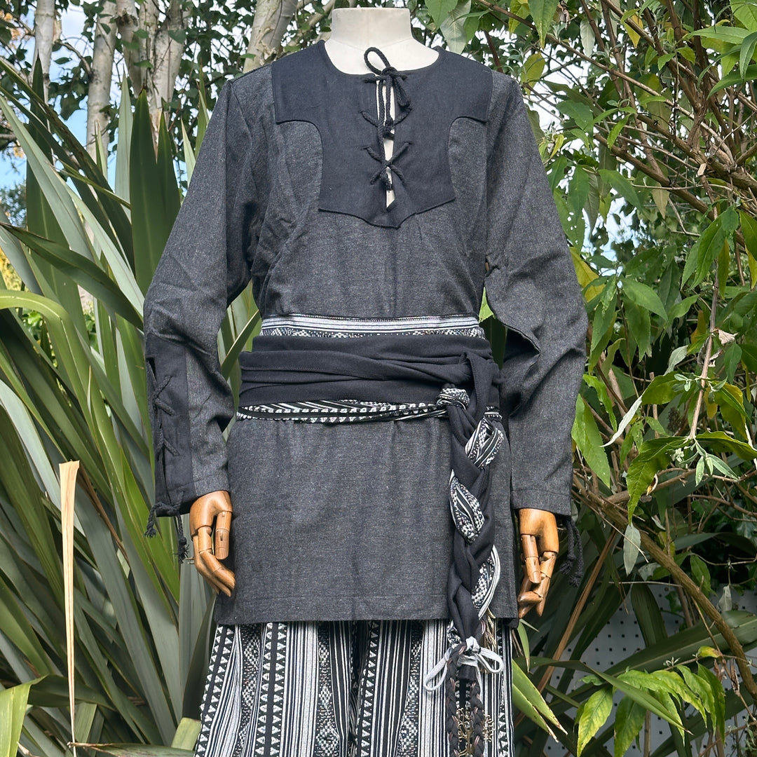 Black and white medieval LARP outfit with shirt, trousers, sash, front view.
