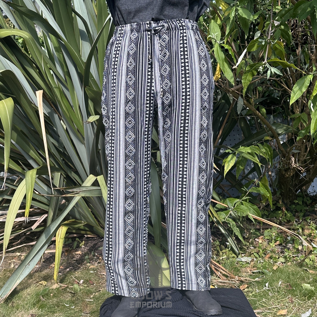 medieval straight leg pants LARP trousers black white patterned cotton fron botts under.