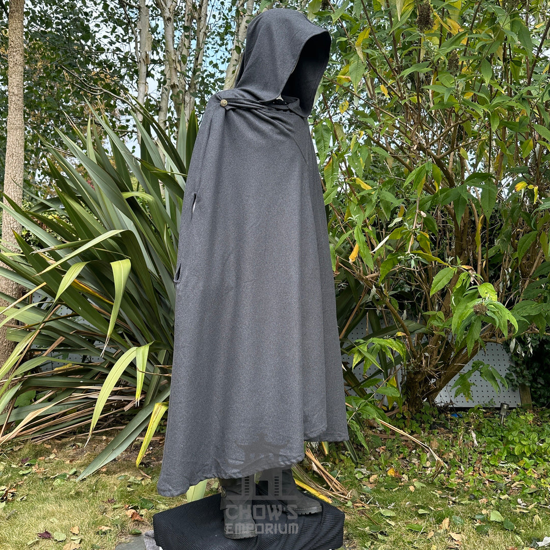 Dark grey LARP cloak with hood, side view, draped over mannequin.