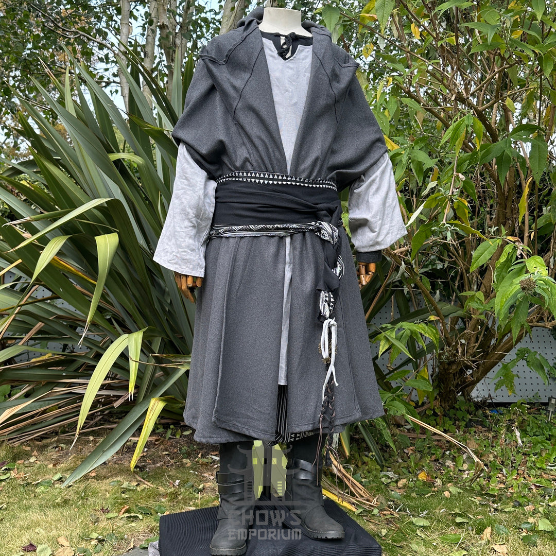 Medieval LARP set in garden, grey cloak with detailed sash, front angle.
