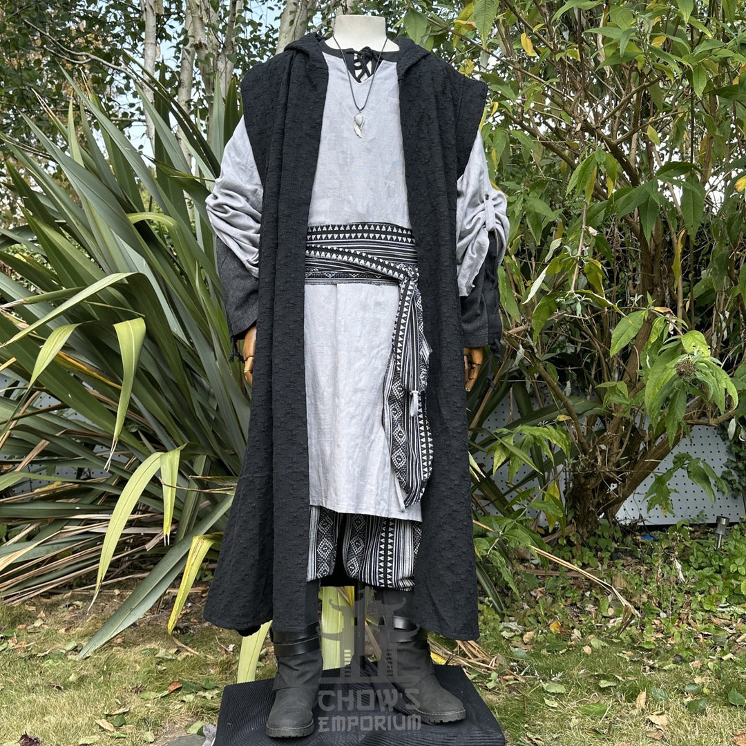 Medieval LARP outfit front view, featuring a black hooded robe, grey tunic, and sash.
