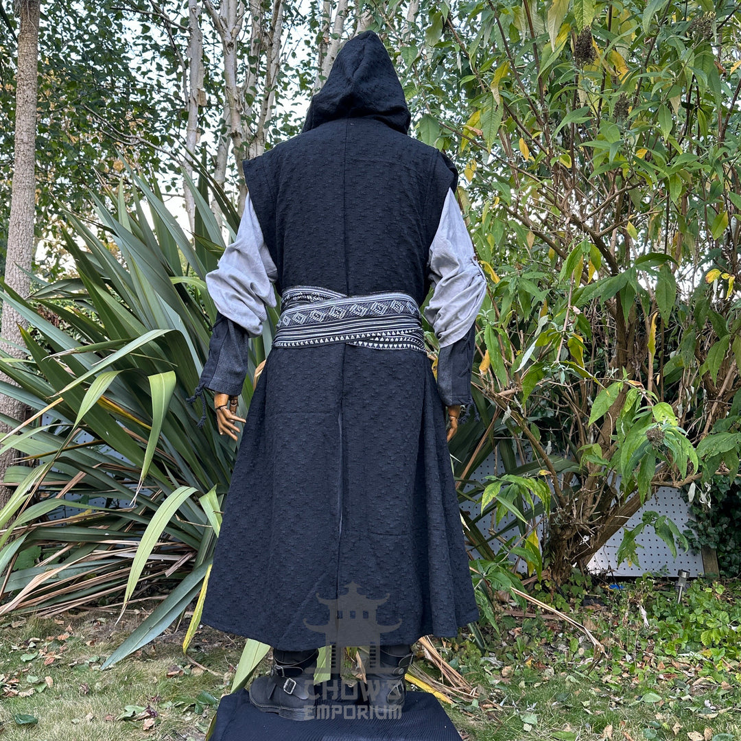 Back view of black hooded sleeveless LARP robe, full-length medieval fantasy cosplay costume for.