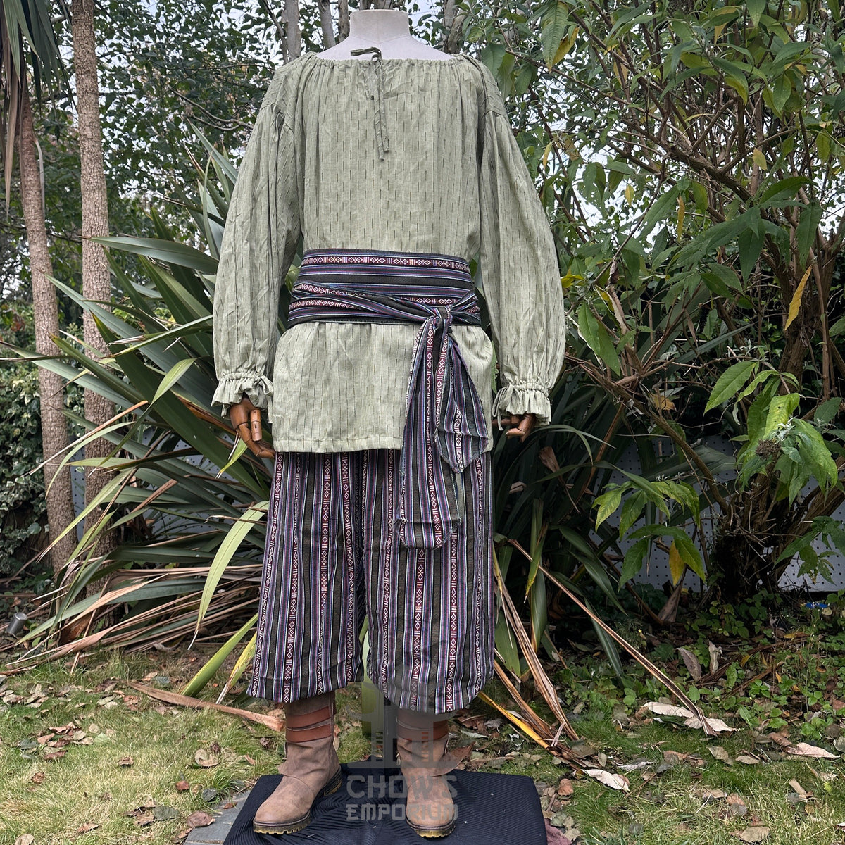 Green tunic with striped sash and trousers, medieval LARP costume front view.