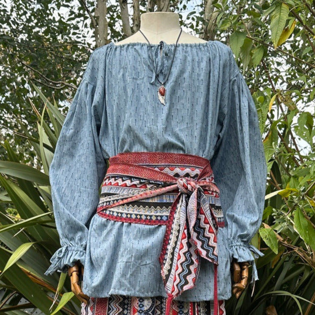 Blue round-neck medieval cotton shirt for LARP, front view.