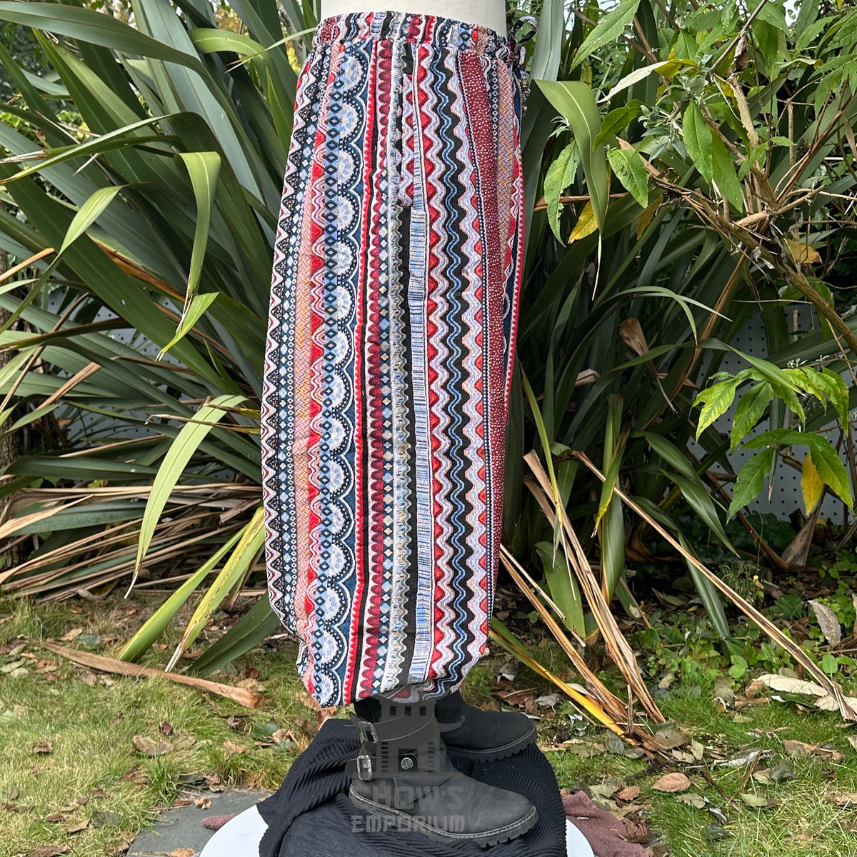 medieval hero trousers in nordic zigzag cotton pattern.