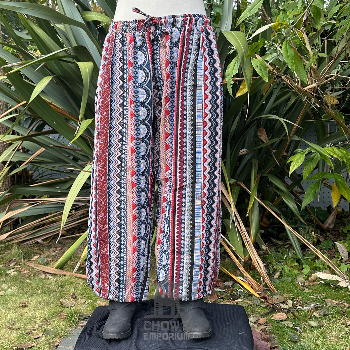 Nordic zigzag cotton medieval pants in red, blue, and white for LARP.