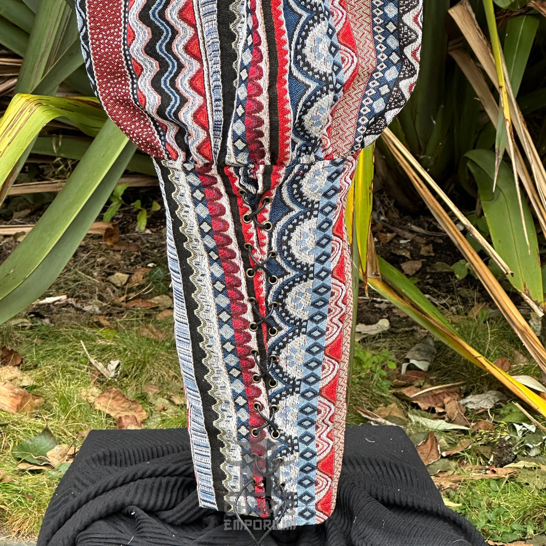 Nordic zigzag cotton Viking pants, red and blue pattern.