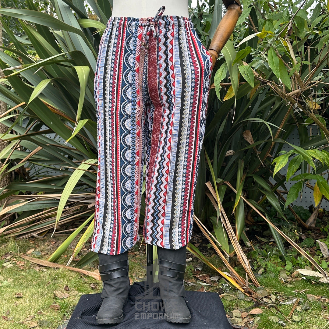 Nordic zigzag striped medieval cotton pants, front view for LARP events.