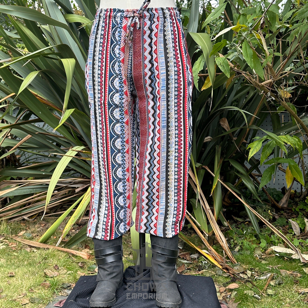 Nordic zigzag cotton pants, red and blue stripes for LARP.