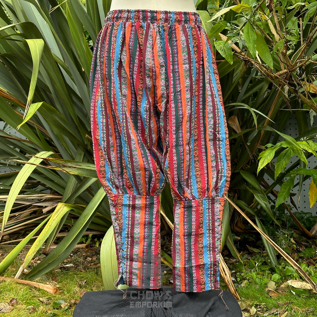 Back view of striped multi-color Viking pants with elastic waistband and pockets no boots.