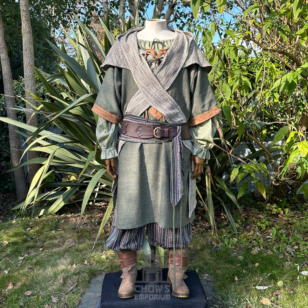 Forest Mage LARP set with green tunic, shirt, hood, trousers, and sash.