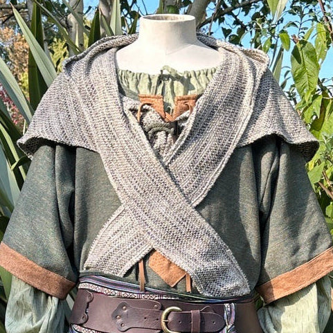 Sage green wool scarf hood in medieval style, front view.