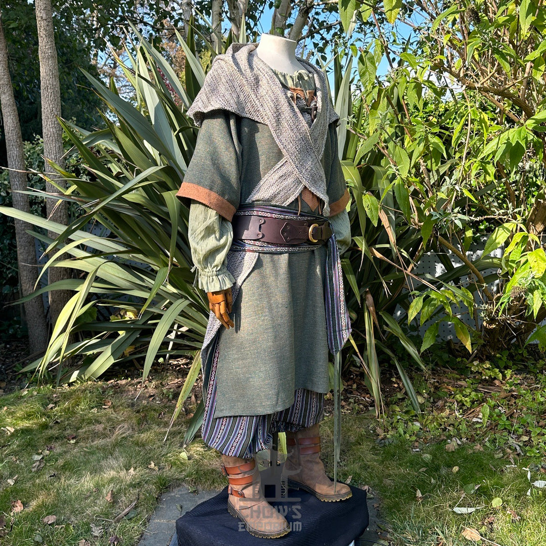 Forest Mage LARP set with green tunic, striped trousers, and brown belt, side view.