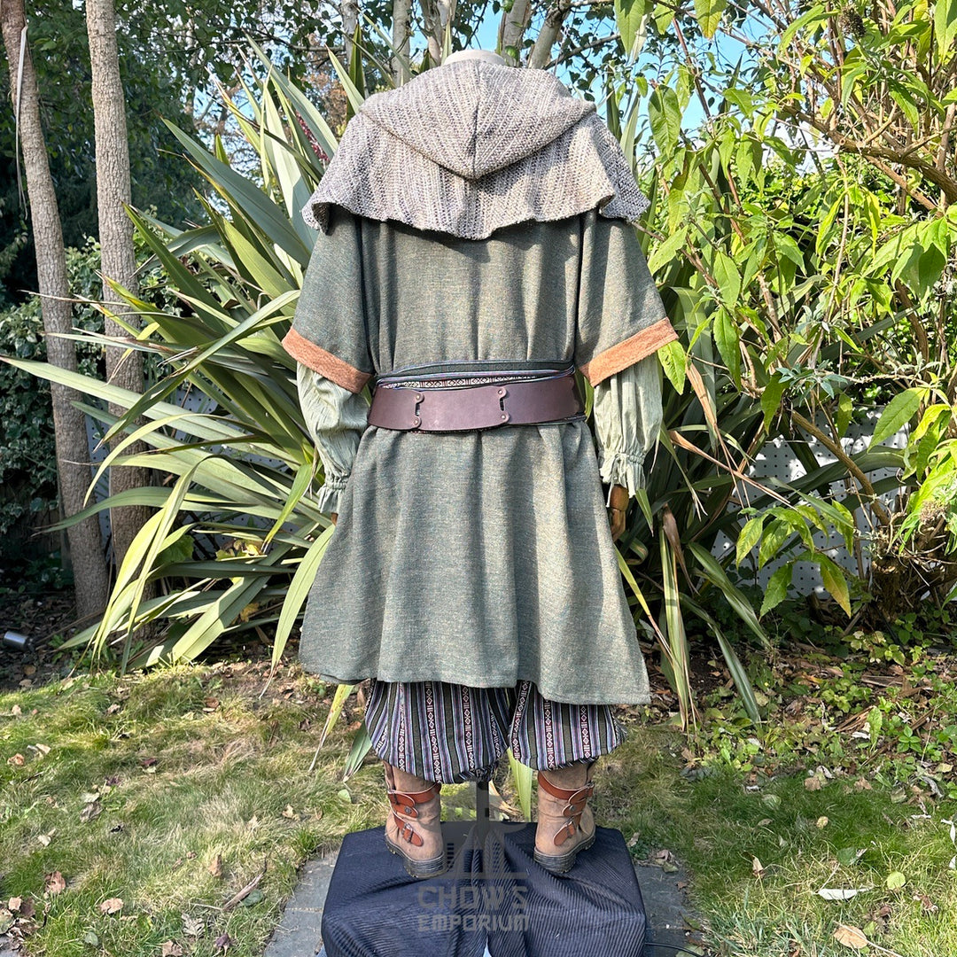 LARP medieval forest mage set, rear view: green tunic, striped trousers, brown hood.