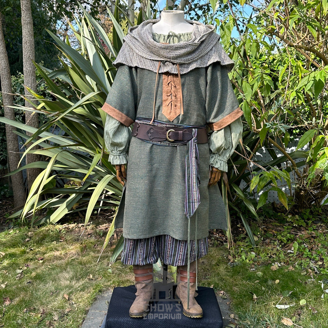 LARP medieval forest mage outfit with green tunic, hood, trousers, sash, and shirt.