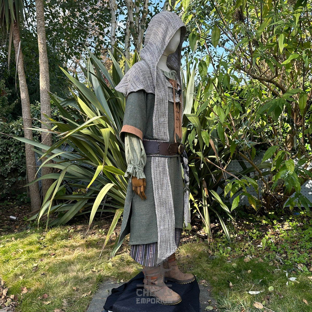 Forest mage LARP costume set with green tunic, hood, sash, and striped trousers.