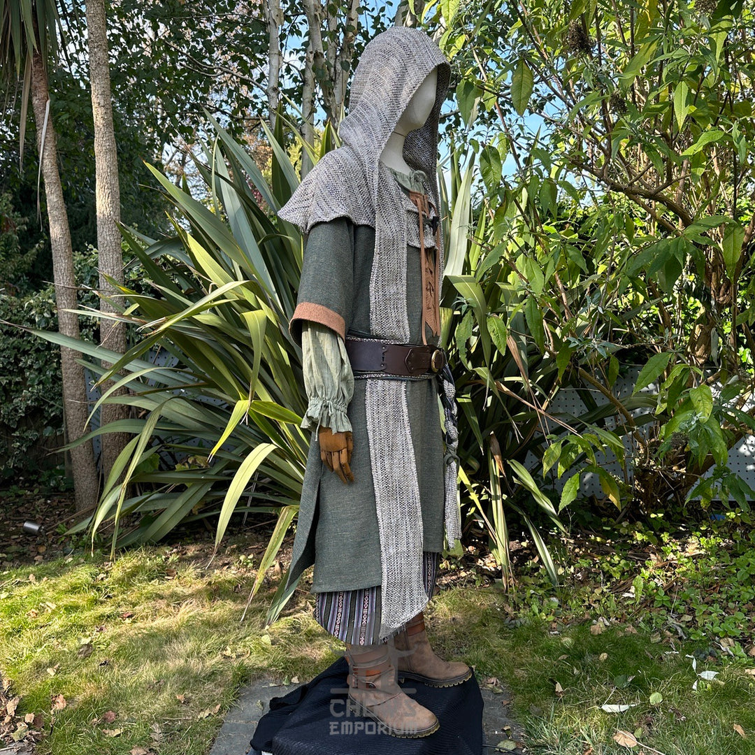 Forest mage LARP costume set with green tunic, hood, sash, and striped trousers.