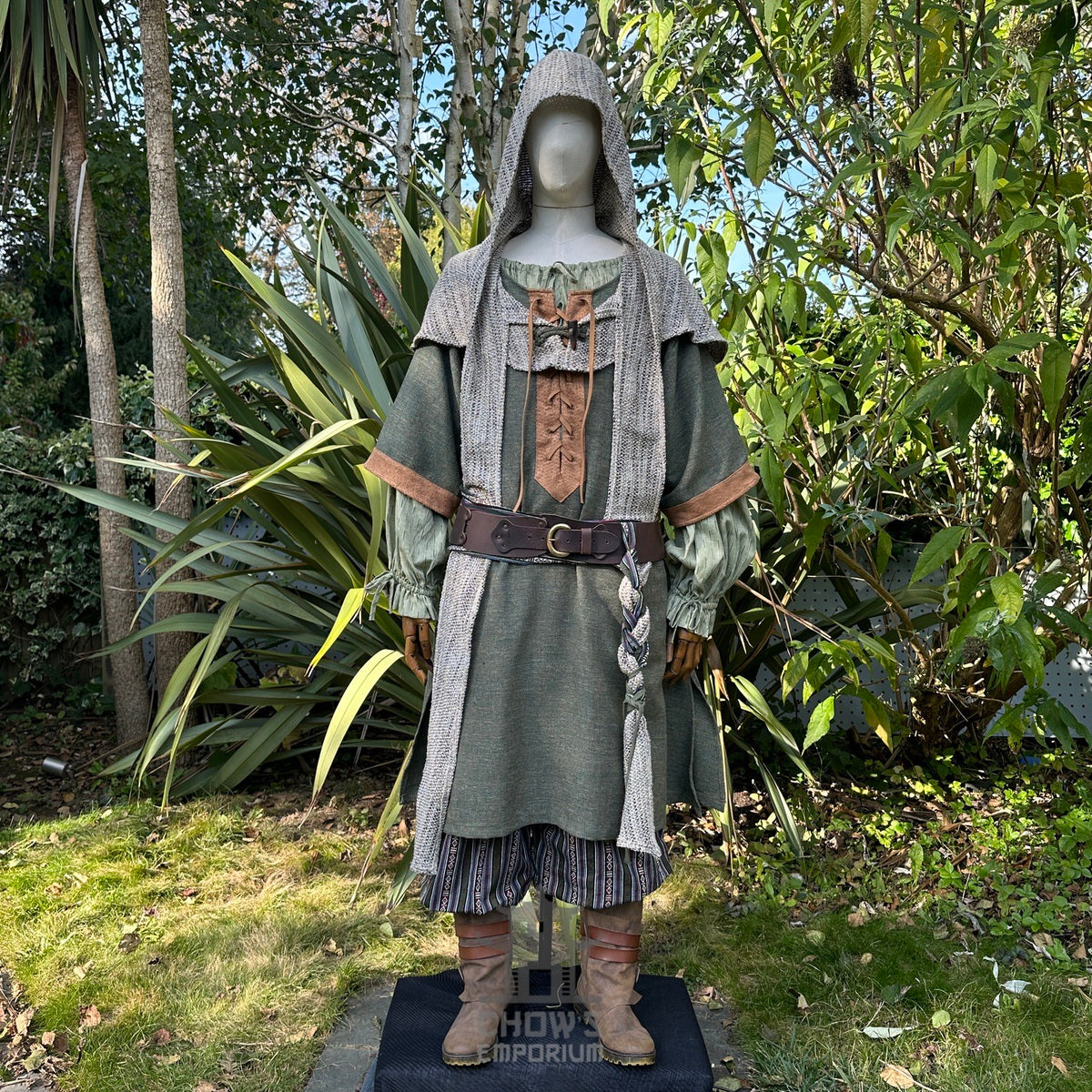 Sage green wool scarf hood for LARP or medieval costumes, front view.